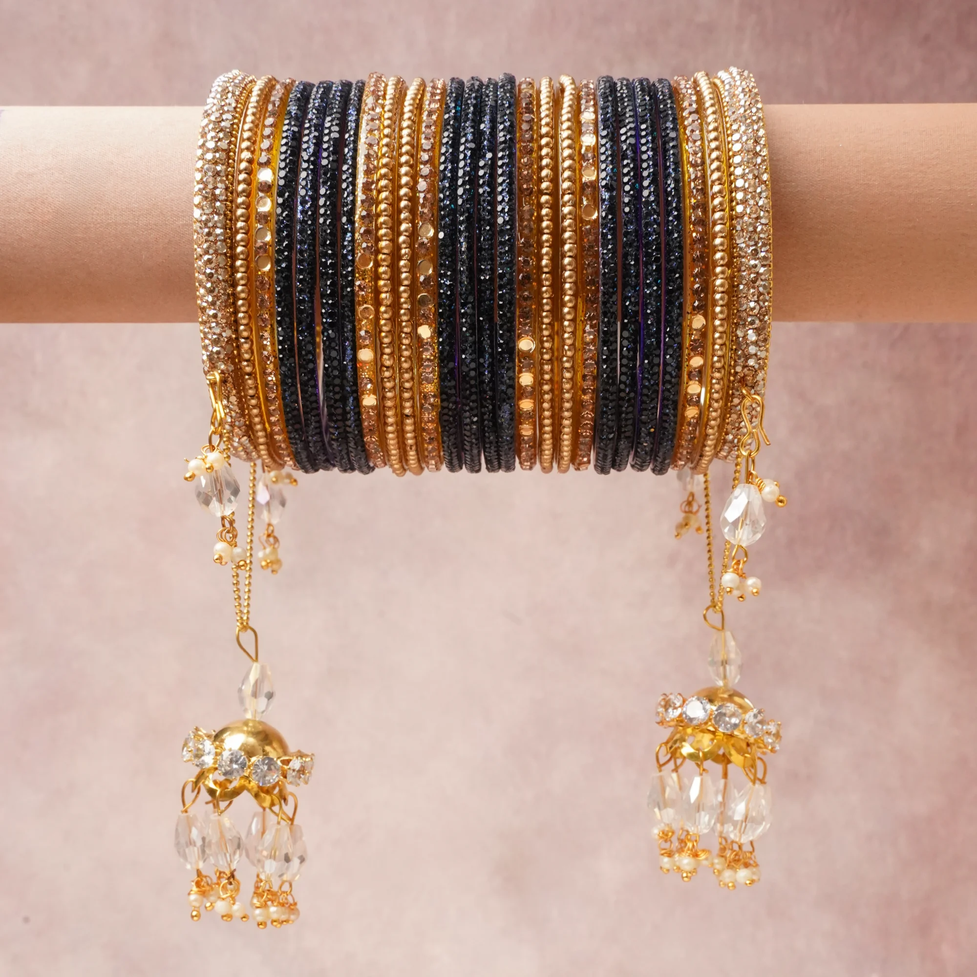 A commanding Navy Blue anchors this beautiful set, enriched with accents of Clear Crystal, Rose Gold, Pearl White that add depth and dimension.

Featuring a striking composition of Gold-plated Metal Alloy, Cubic Zirconia, Glass, Faceted Glass Crystal, Faux Pearl, this set carries intricate craftsmanship and strong presence. Grand in form, it is created for moments that deserve to be marked.